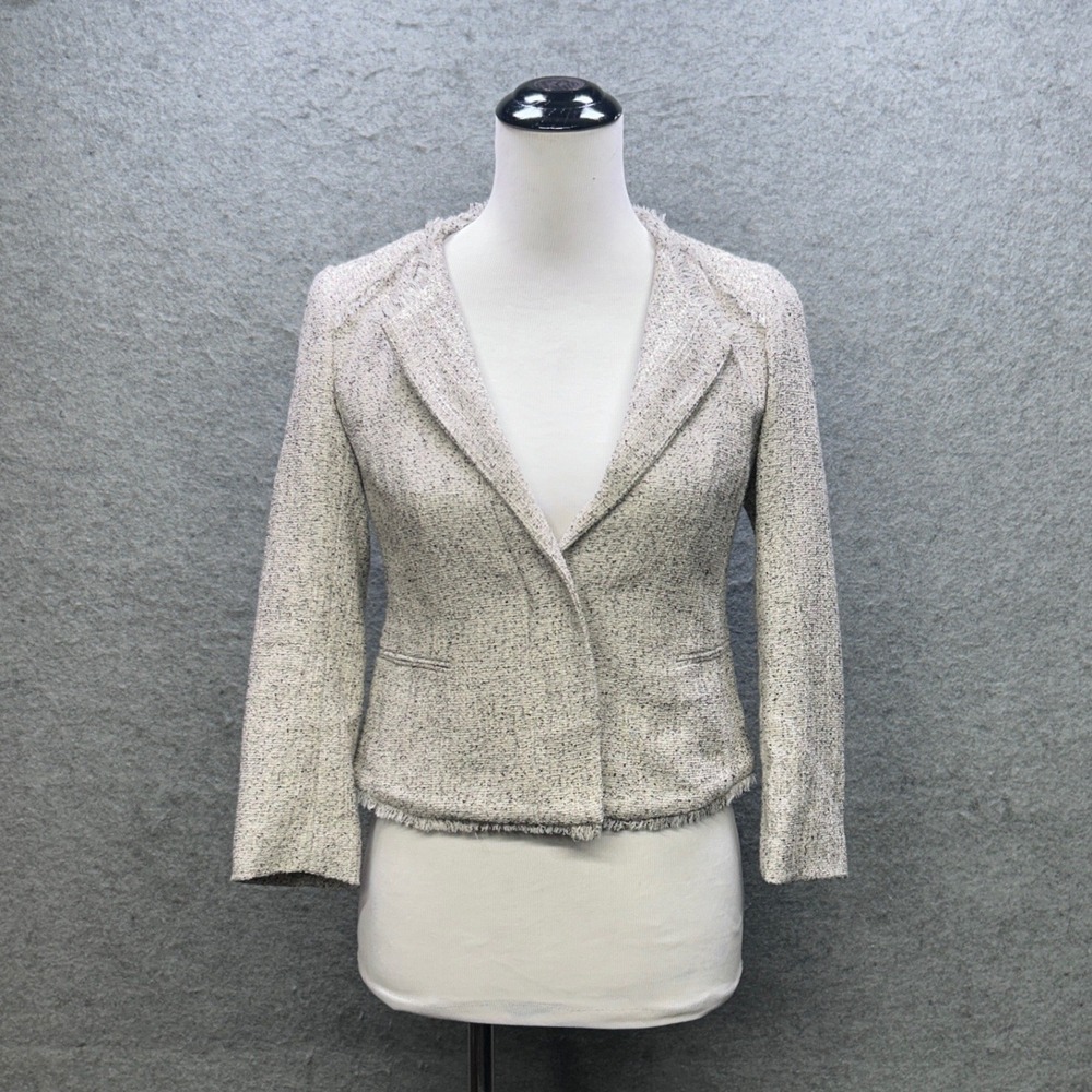 LOFT Blazer Womens 00P White Tweed Fringed Open Front Officecore Professional
